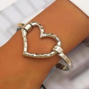 Large Heart Shaped Design Cuff Bangle Hammered Silver tone Pretty Bracelet